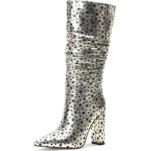 Shiny Print Stars Wide Calf Boots Women Thick Round Heel Fur Boots Warm Fashion Winter Boots Zipper Pointed Toe Sexy Party Shoes