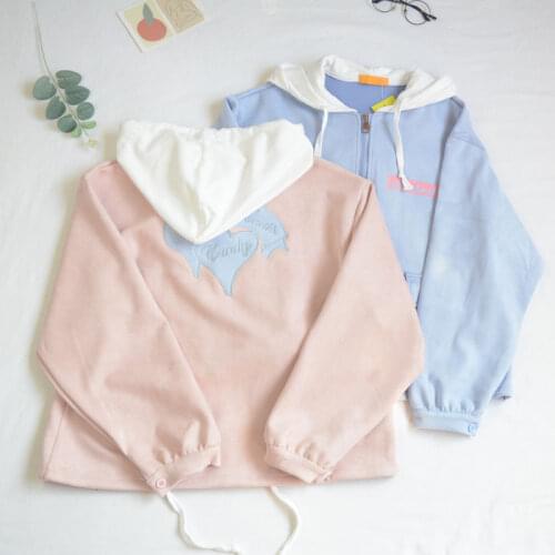 Sweet Womens Thin Hooded Coat Long Sleeve Jacket Cute Heart Embroidery Girl Fit Fall Winter Tops Colors Pink Blue
