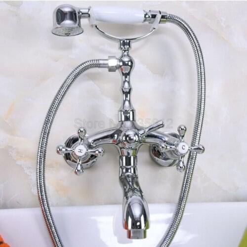 Bathroom Dual Cross Handle Bathtub Faucet W/ Ceramic Handheld Shower Heads Mixer Taps Polished Chrome Brass Finish tna199