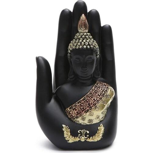 Buddha Sitting in Hand Statue Resin Buddhist Figurines Sculpture Thai Buddha Ornaments Home Decoration Crafts, Black