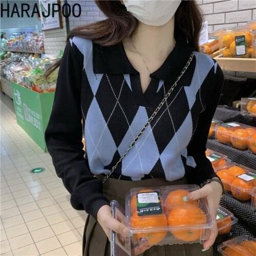 Harajpoo Sweater Female Vintage Contrast Color Diamond Long Sleeve Spring Fall 2021 New Style Fashion Lapel Crop Knitted Clothes
