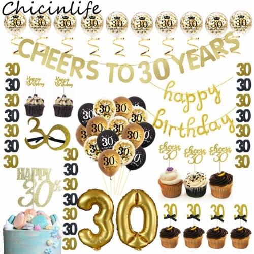 Chicinlife Gold 30 Years Old Banner Cupcake Toppers Glasses Number Balloon Adult Birthday Party 30th Anniversary Decor Supplies