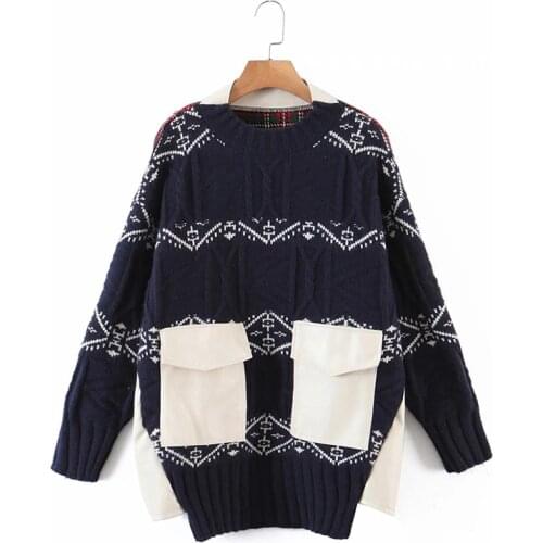 Autumn Winter New 2020 Womens Clothing Thick Textured Western Style Stitching Plaid Big Pocket Loose Fashion Knitted Sweater