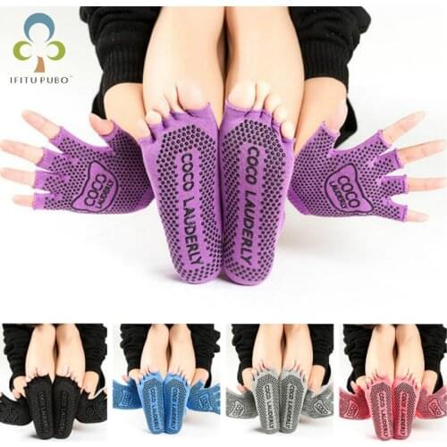 Women Yoga Socks+Gloves Set Half Toe Non Slip Ladies Massage Sport Socks Half-fingers Cotton Warm Exercise Running Hose YJN