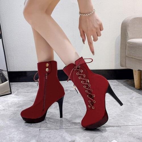 Women Autumn Ankle Boots Sexy High Heels Platform Boots Round Toe Leather Booties Black Red Shoes Ladies Party Shoes New 2021