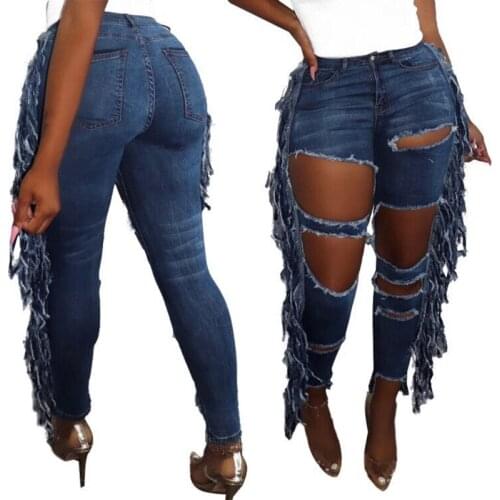 Women Sexy Hollow Out Skinny Ripped Jeans Fashion Side Tassel Patchwork Mid Waist Distressed Jeans Mujer Pantalones Streetwear