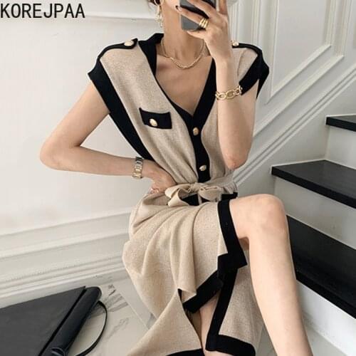 Korejpaa Women Dress 2021 Summer Korean Elegant Temperament V-Neck Metal Single-Breasted Lace-Up Sleeveless Slit Knit Vestidos