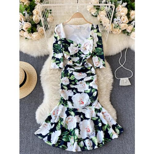 Sexy Low Collar Flower Printed Mermaid Party Dress Women Elegant Square Collar High Waist Bodycon Vestidos Female Spring Autumn