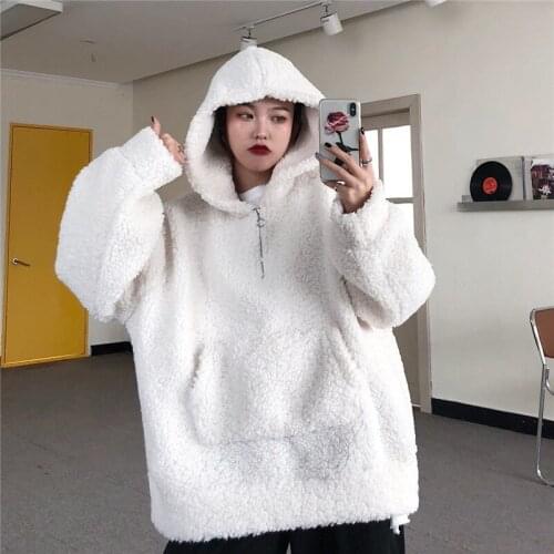 Winter New Korean Version Hooded Solid Color Medium Length Lamb Hair Plush Thickened Sweatshirt For Women Wn
