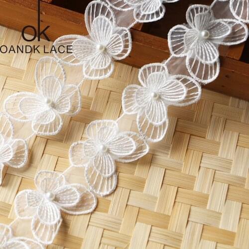 1y/lot Multi Option Double Embroidery Flower With Pearls Lace Ribbons DIY Garment Sewing Accessories