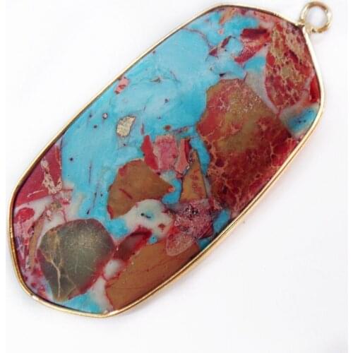 1Pcs 49x23x5mm Blue And Pink Sea Sediment Jasper & Pyrite Oblong Metal Package Edge Pendant Bead DIY Jewelry Accessories S849