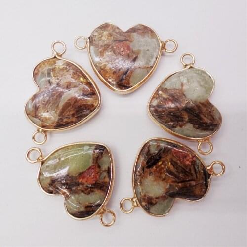 5Pcs 27x15x6mm Alloy Serging Green & Brown Sea Sediment Jasper & Pyrite Love Heart Pendant DIY Jewelry Bracelet Accessories M456