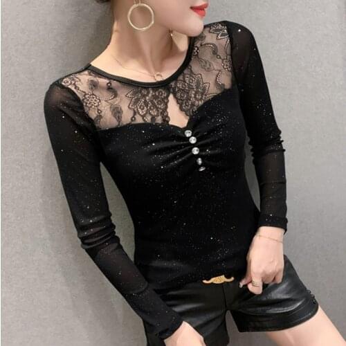 #5757 Black Red Slim Hollow Out Sexy T Shirt Women O Neck Hollow Out Top Female Spliced Lace Fashion Mesh Basic T-Shirt Slim