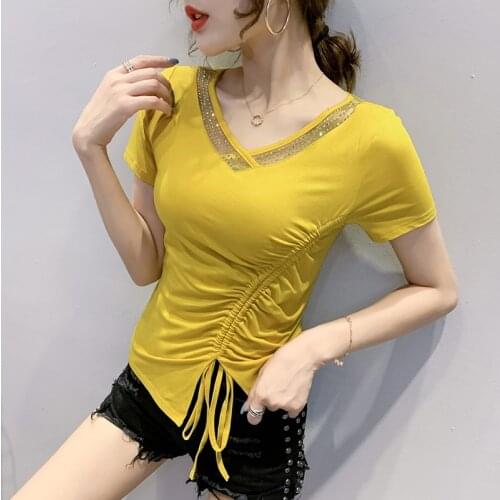 #5969 Yellow Green Black White Asymmetrical Top T-shirt Women Side Drawstring Tight T Shirt Femme Cotton V Neck Diamonds Summer
