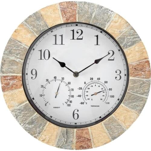 14 Inches Round Wall Clock Resin Faux Slate Household Universal Clock With Thermometer Hygrometer Humidity Measure Weather Proof