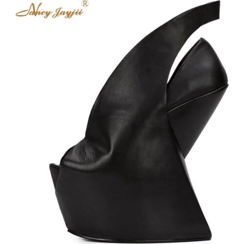 Black Strange Heels Ultra High Platform Heel Genuine Leather Straps Open Toe Dancing Party Dress Luxury Shoes Women Size 44 45
