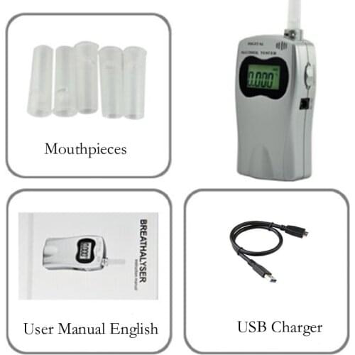 Digital Breath Alcohol Tester with 5 Mouthpieces Breath Analyzer Professional Alcohol Detector Car Charger with LCD Screen