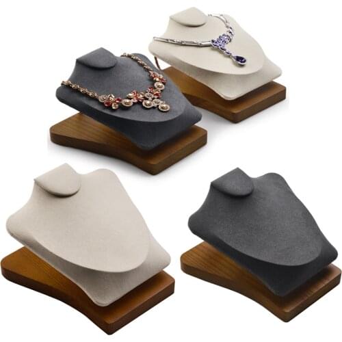 Wood Base Necklace Jewelry Display Bust - Microfiber Material Necklace, Pendant, Chain Display Mannequin Stand