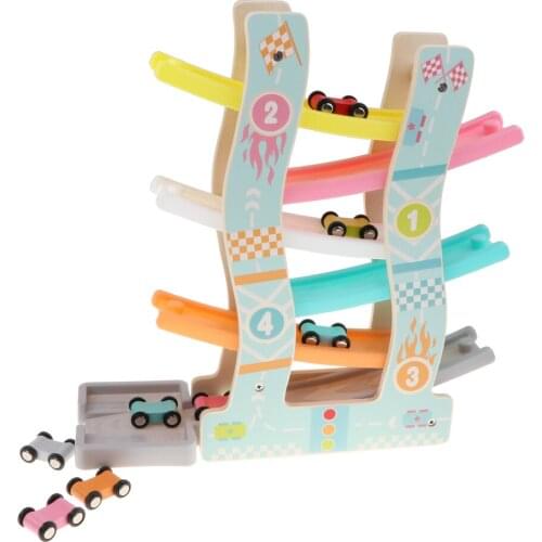 Wooden 6 Layer Ramp Race Track & Car Kid Toy Vehicle Playset W/ 6 Mini Racer