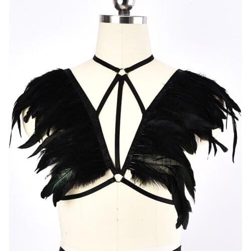 JLX.HARNESS Women Black Fetish Feather Body Harness Belt Elastic Adjust Sexy Lingerie Goth Top Cage bra Bondage Punk Wear