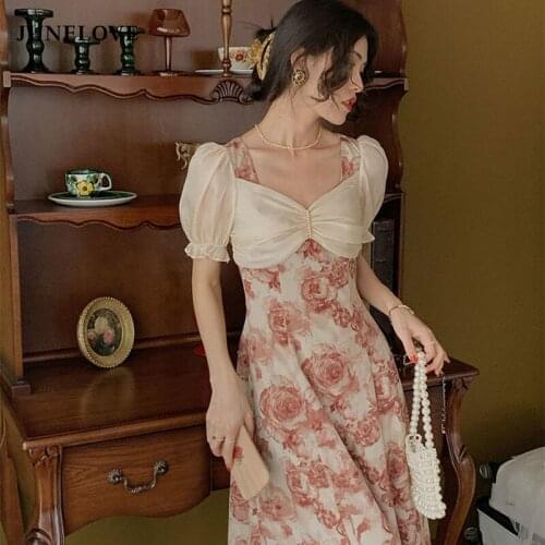 JuneLove French Floral Vintage Dress Women Chiffon Patchwork Design Party Midi Dress Casual Korean Puff Sleeve Summer Dress 2021