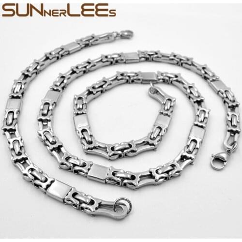 SUNNERLEES Fashion Jewelry Stainless Steel Necklace Bracelet Set 8mm Byzantine Link Chain Silver Color Gold Plated SC142 S