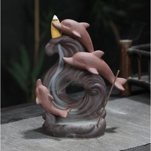 Cute Dolphin Backflow Incense Burner With 20 Pcs Pcs Cones Smoke Waterfall Incense Sticks Holder Home Decor Porcelain Censer