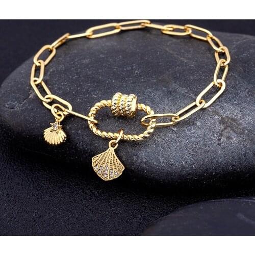 Top Selling Delicate Pendant Scallop Shape Charm Gold Copper Zircon Link Chain Bracelets for Women Fashion Bangle Jewelry Gift