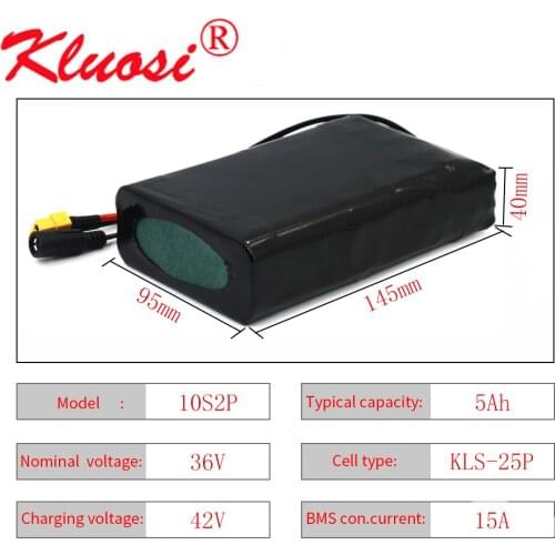 KLUOSI 10S2P 36V 5Ah 150W~450W 42V Lithium Battery Pack with 15A BMS for Scooter Skateboard Electric Bicycle Electric Scooter