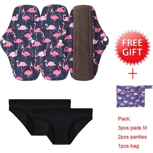 Washable Sanitary Pads Bamboo Charcoal Cloth Pads Size M with 2pcs 4 Layers Bmaboo Panties+ 1 Bag Dropshipping