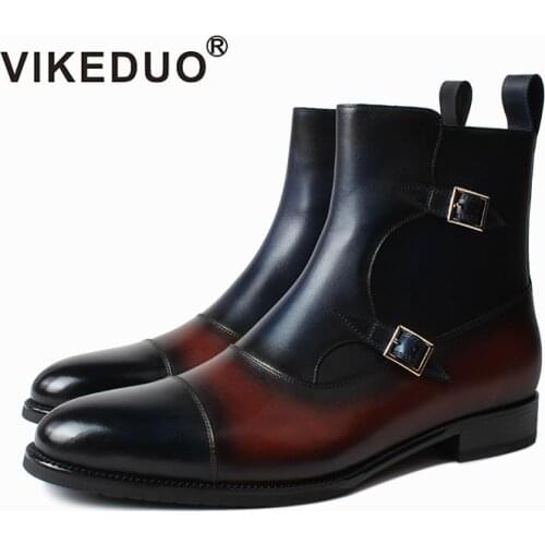 Vikeduo Hand Made Retro Genuine Calf Double Buckle Monk Strap Shoes Boot Ankle Mens Dress Boots Leather