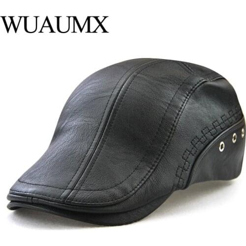 Wuaumx PU Leather Beret Hat For Men Autumn Winter Warm Newsboy Cap Mens Berets Duckbill Visor Peaked Hats Cabbie Ivy Flat Cap