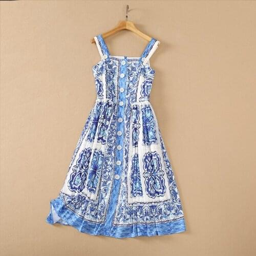 2021 New Summer Beautiful Chinese Style Blue and White Porcelain Print Elegant High Quality Summer Dress