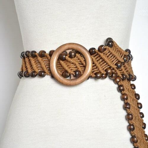 New Vintage Knitted Wax Rope Wooden Bead Waist Rope Women Smooth Buckle Belt Woman Woven Female Hand-Beaded Braided Belt MY07