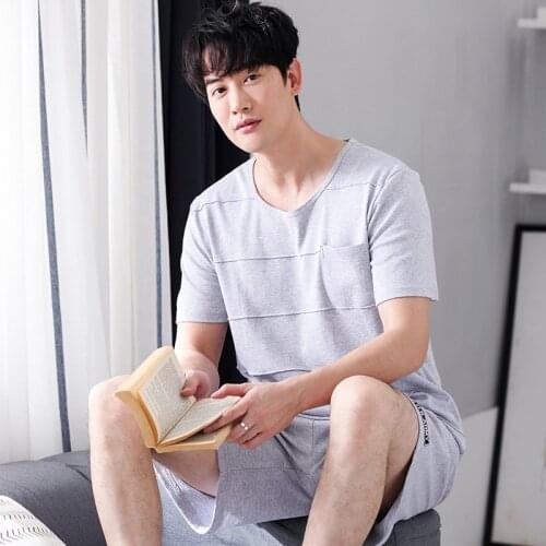 Summer New Men Pajamas Set Brief cotton Pajamas Sets Simple Sleepwear Mens Short Sleeve Nightwear Short Top Pant Leisure