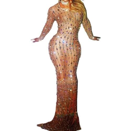 Floor-Length/Mini Dress Long Sleeve Rhinestones Striped Decoration Sparkly Clothing Women Stage Wear Lady Womens Party Clothing