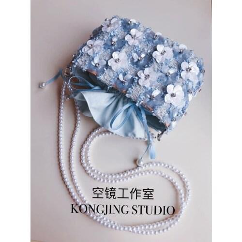 Custom empty mirror studio exclusive custom fairy flower handmade pearl diagonal straw bag
