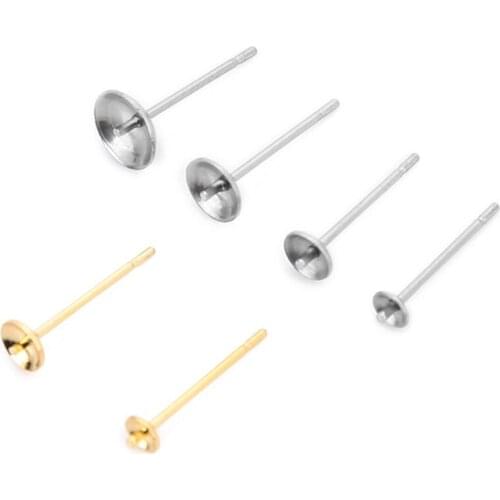 50pcs/lot Stainless Steel Earring Settings Cabochon Bezel Trays Pearl Earing Pin Ear Post Pin Earring For DIY Jewelry Making