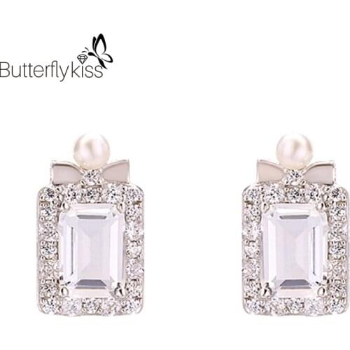 BK 925 Genuine Silver Stud Earrings For Women Elegant Fashion Crystal Pearl Perfume Bottle Earrings Jewelry Wedding Party Gifts