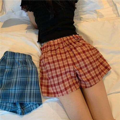 Casual Shorts Women 2021 Summer Home Shorts Elastic Waist Plaid Loose Shorts Outer Wear Women Korean Style Cotton Linen Shorts