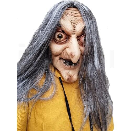 Scary Old Witch Mask Latex with Hair Halloween Fancy Dress Grimace Party Costume Cosplay Masks Props Adult One size