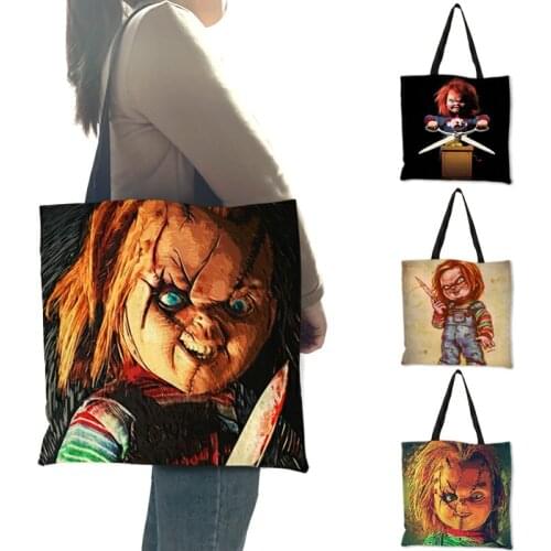 Unique Design Totes Female Male Horror Chucky l Printed Linen Shoulder Bag Reusable Shopping Bags Traveling Beach Casual Handbag