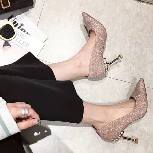 2020 Spring and Autumn New Ladies High Heels Sexy Mature High Quality Wild Sequins Fashion Casual Pointed Women Shoes W27-01