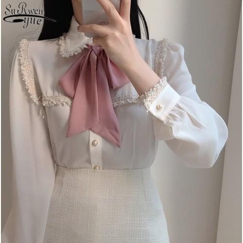 Solid Color Long Puff Sleeve Tops Women Sweet Tassel Lace Splice Bow Tie Blouse Women Pearl Button Cardigan Shirts Blusas 11608