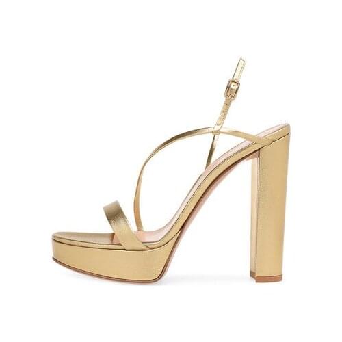 Big Size Us 14 Summer Square Chunky High Heels Platform Shoes For Women Gold Leather Gladiator Office Dress Party Sandals Sexy