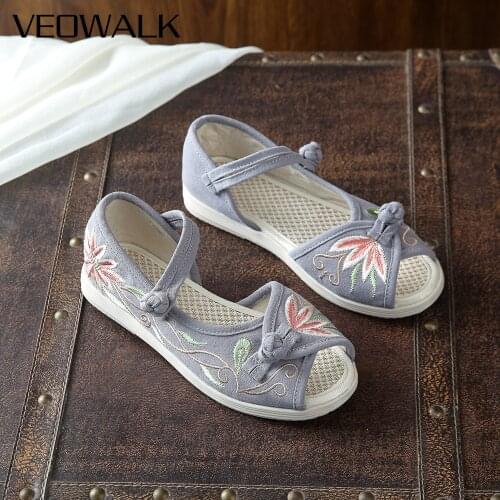 Veowalk Women Soft Jacquard Cotton Peep Toe Flat Sandals Flower Embroidery Comfortable Lady D'Orsay Summer Shoes Grey Pink Beige