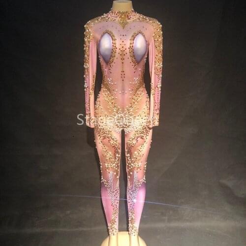 Sexy Pink Dj Jumpsuit Rhinestone Pearls Leggings Birthday Celebrate Diamond Outfit Evening Dance Female DJ Singer Dance Bodysuit