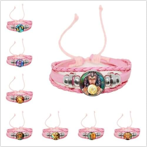 12 Zodiac Signs Constellation Charm Bracelets for Women Girls Fashion Weave Pink Leather Bracelet & Bangle Birthday Gift