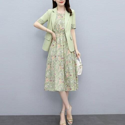 Summer Women Short Sleeve Blazer+Print Dress Suits Tops Vintage Floral Dresses Sets Elegant Woman Causal Work Two Piece Set