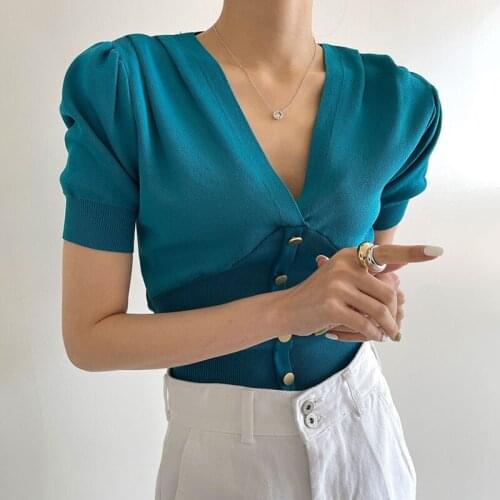 2021 Spring Summer Short-Sleeved Top Woman V-neck Button Slim Fashion Ladies Knitted Bottoming T-Shirt Korean Knitwear